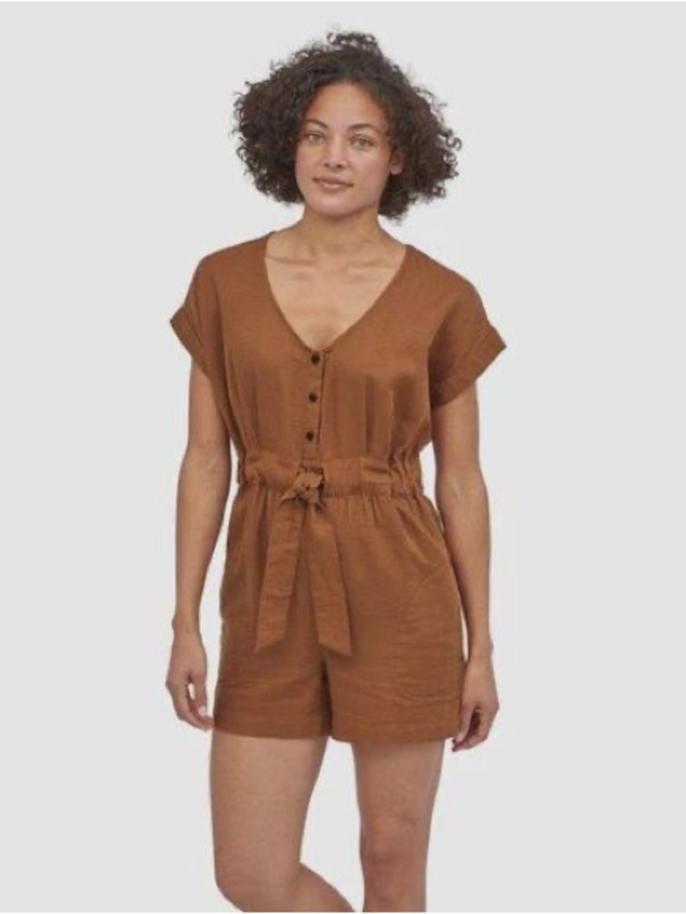 Patagonia Organic Cotton Short Sleeve Tie-Waist Romper in Earthworm Rust